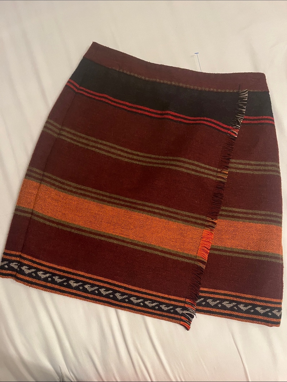 LOFT Burgundy Mini Skirt with Orange and Olive Stripes